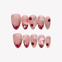 Ongles à presser 3D français à pois rouges, motif champignon, coccinelle, fleur blanche, feuille verte peinte à la main, forme amande, pour fille