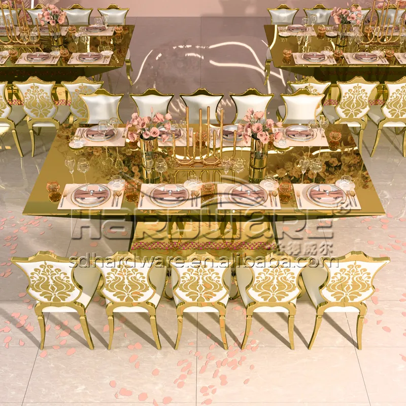 Juegos de comedor de diseño de acero inoxidable, mesa de comedor de boda de cristal de Dubái