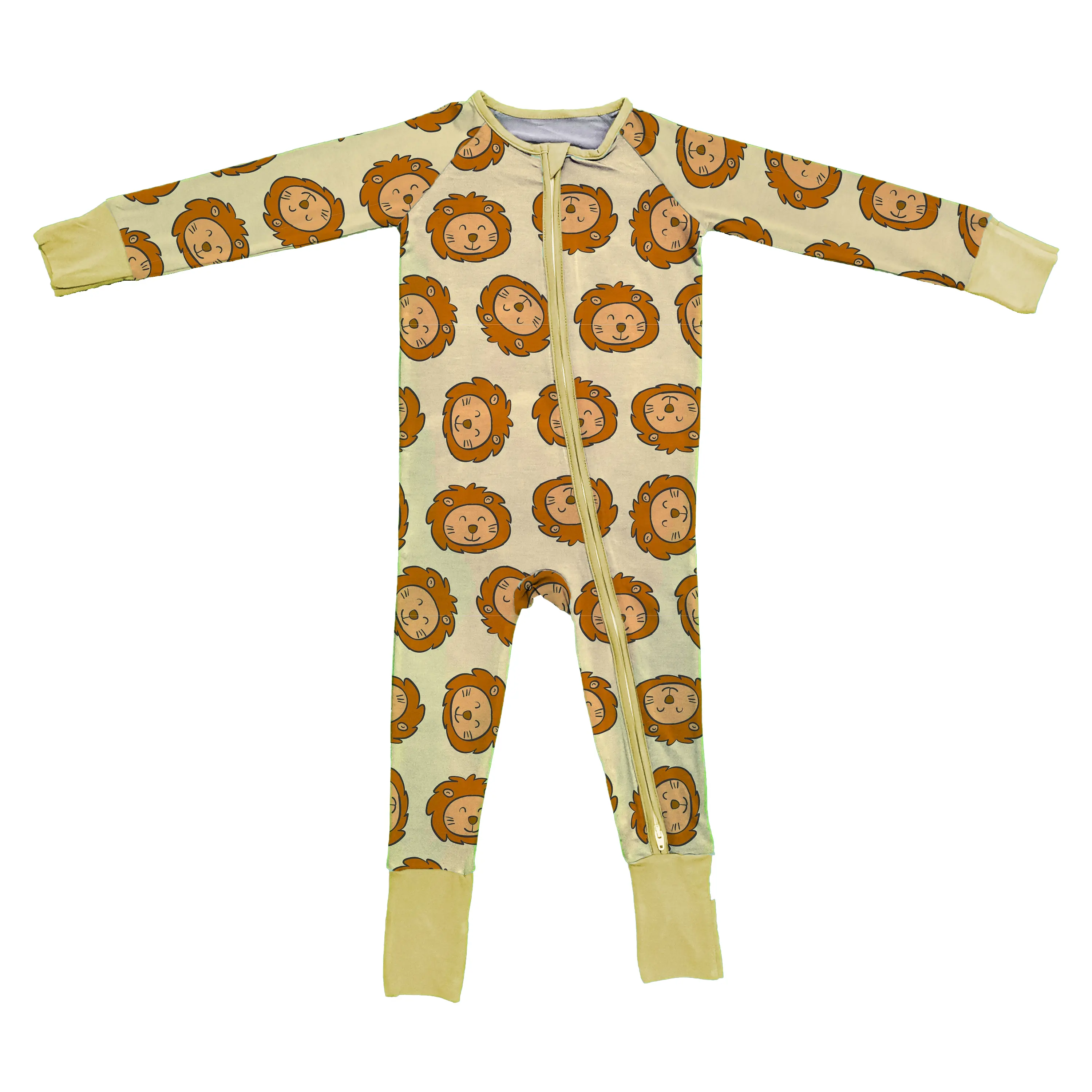 Oem Custom Leeuw Koning Pasgeboren Baby Pyjama Baby Kleding Bamboe Footie Rits Baby Jongens Meisjes Effen Lange Mouw Jumpsuit Romper