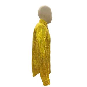 Camicia da uomo a maniche lunghe con paillettes dorate, blusa lucida con bottoni sul risvolto, top <span class=keywords><strong>per</strong></span> discoteca, feste, palcoscenico, ballo - Product Image 5