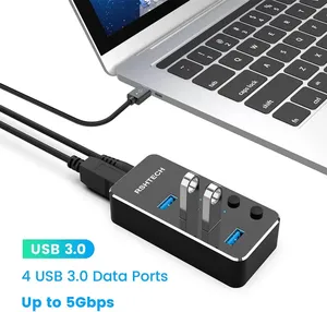 RSHTECH Aluminium 4 Ports 5Gbps <span class=keywords><strong>USB</strong></span> 3.0 Splitter Expander Individuel ON/OFF Switch Gaming <span class=keywords><strong>USB</strong></span> Hub pour PC Portable Xbox PS4 - Product Image 2