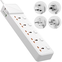 Multiprise universelle multi-pays à 5 prises avec interrupteurs individuels indépendants, câble rétractable et protection contre les surcharges