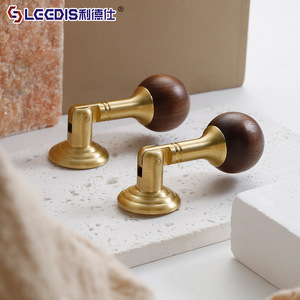 Leedis Chinese Style Brass Walnut Wood Round Handle For Wardrobe Drawer Cabinet <b>Door</b> - Product Image 1