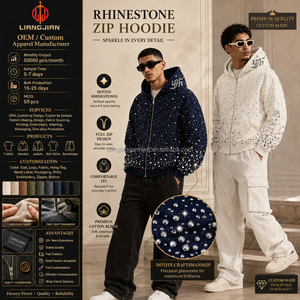 Sweat à capuche zippé surdimensionné pour homme, style streetwear, avec strass et cristaux sur toute la surface, coupe ample et épaisse, personnalisable, vente en gros - Product Image 1