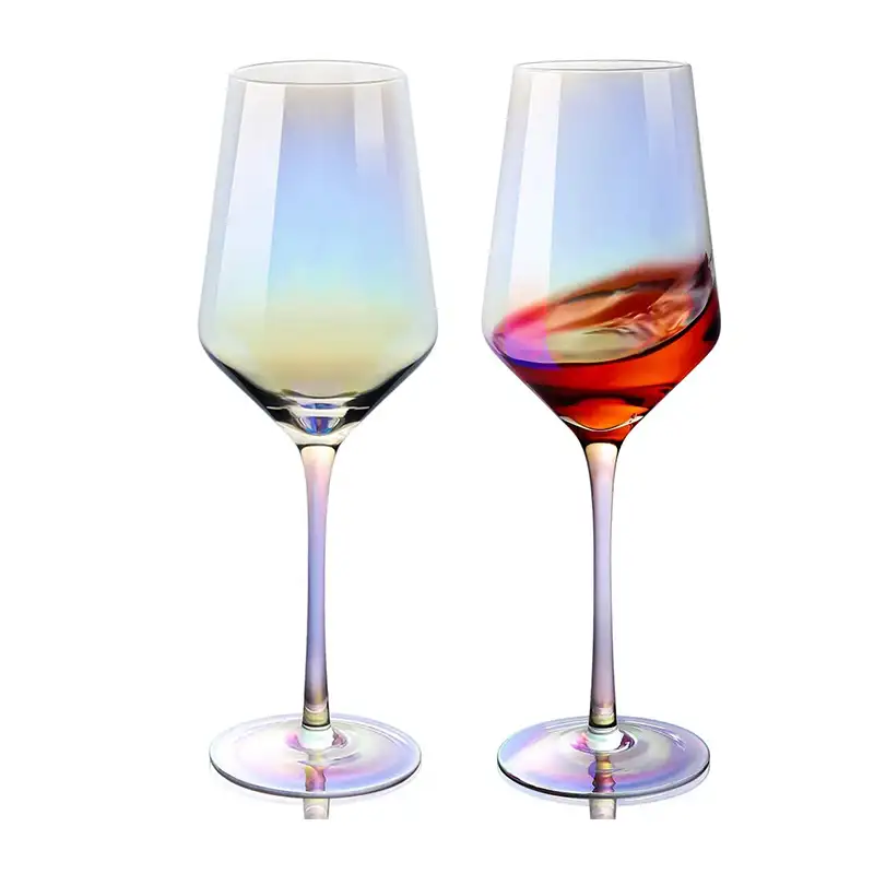 Decoración de mesa de comedor, copas de vino de tallo largo galvanizado, de cristal perla, con efecto arcoíris