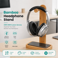 Support pour casque en bambou personnalisable avec plateau pour téléphone, organisateur de bureau multifonctionnel, support pour casque en bambou