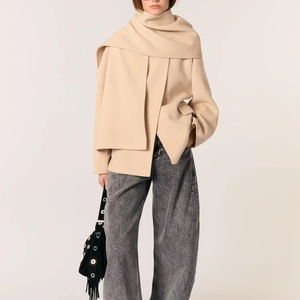 Manteau Court en Laine Double Face pour Femme, Design Personnalisé, Fermeture Boutonnée, avec Écharpe Amovible, Idéal pour l'Hiver - Product Image 1