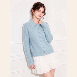 <span class=keywords><strong>Cardigan</strong></span> Blu Casual in Stile Francese per Donne, Lavorato a Maglia, Maniche Lunghe, Chiusura con Cerniera, Colletto Rovesciato e Motivo Tinta Unita - Product Image 3