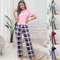 Vente chaude ensemble de vêtements de nuit pour femmes imprimé graphique 2 pièces t-shirt à carreaux Homewear décontracté tricoté vêtements de nuit