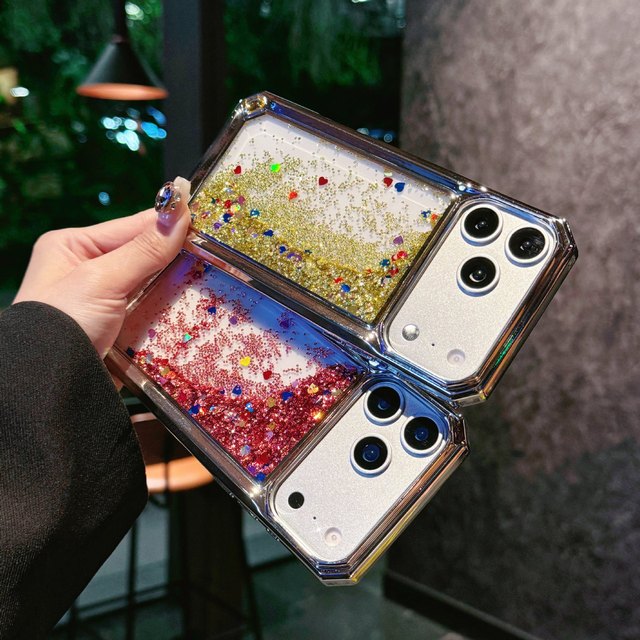 Electroplated Glitter Gemstone Liquid Sand E-ink Phone Case for 16/17 Pro Max Shockproof Heat Press with Phone Grip