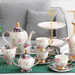 Luxury European Style English Fine Royal Ceramic Porcelain Tea Set 15pcs Floral Tea Cup Set Bone china Turkish Tea Coffee Set