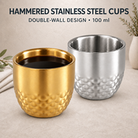Vente en gros de tasses à saké en acier inoxydable à double paroi martelé de 100 ml, or et argent, pour la dégustation, pour restaurants, hôtels, bars