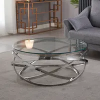 Mesa de centro redonda para sala de estar, mueble moderno de vidrio y acero inoxidable, dorado o plateado