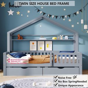 <span class=keywords><strong>Lit</strong></span> plateforme pour enfants <span class=keywords><strong>de</strong></span> taille double, confortable et durable, avec tiroirs <span class=keywords><strong>de</strong></span> rangement, étagères, cadre en bois, lattes, meubles <span class=keywords><strong>de</strong></span> chambre à coucher modernes gris - Product Image 4