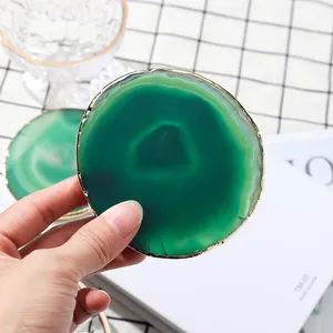 Wholesale natural stone gold plated green agate slice coaster gemstone cup mat ornament