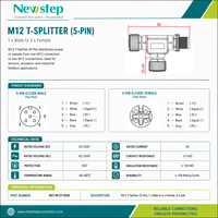 Adaptateur M12 T-Splitter, 2 mâles vers 1 femelle, connecteur circulaire étanche IP67 à 5 broches A-Code pour capteur industriel et PLC