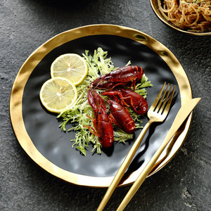 Luxury Black Ceramic Gold Plated <b>Large</b> Salad <b>Bowl</b> Exquisite Tableware - Product Image 2