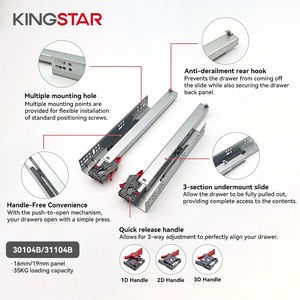 Guide Scorrevoli KINGSTAR a 3 Sezioni in Acciaio per <span class=keywords><strong>Cassetti</strong></span>, 1.0/1.4/1.8mm, 35kg, Estensione Completa, Apertura a Pressione Nascosta con Maniglia - Product Image 4