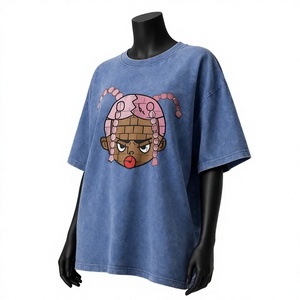 เสื้อยืดคอกลมสีน้ำเงินโอเวอร์ไซส์สำหรับผู้หญิง แขนสั้น พิมพ์ลายการ์ตูน ผ้าฝ้ายเจอร์ซีย์ 100% ทรงหลวม ใส่ได้ทุกฤดู - Product Image 1