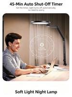 Lampe de lecture à spectre complet Ra 70 avec 5 températures de couleur, minuterie, bras flexible et pliable pour bureau et étude