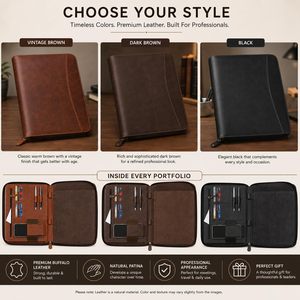 Leather Padfolio Portfolio Organizer with Zipper Professional <b>Document</b> Tablet <b>Holder</b> Rectangle Desk Storage Bag Compression Type - Product Image 6