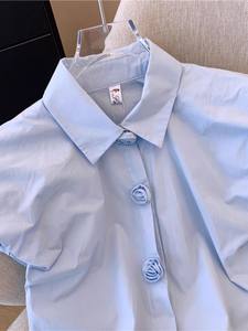 <span class=keywords><strong>Blusa</strong></span> <span class=keywords><strong>blanca</strong></span> con botones florales-Cuello en V de estilo francés con mangas abullonadas para el verano - Product Image 2