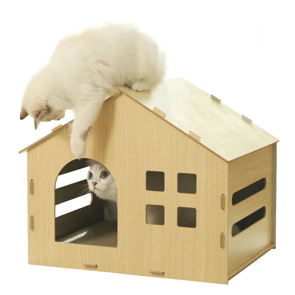 Düşük MOQ Hoopet ahşap Pet kedi Scratcher kağıt tahtası ev kapalı kediler ve yavru