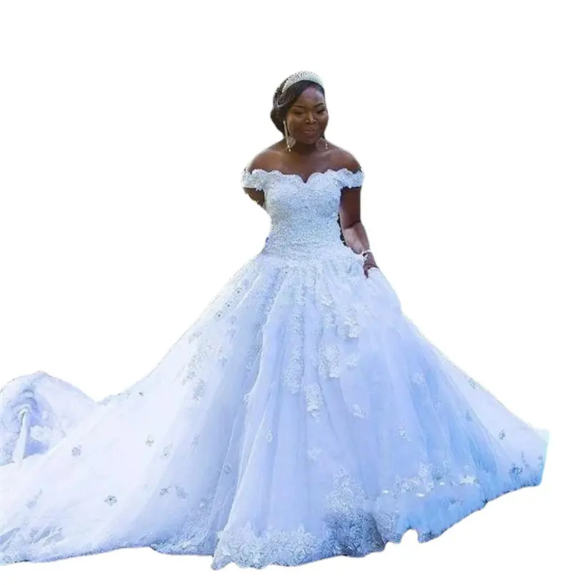 AL1463 New plus size African ball gown Off Shoulder Lace Appliques Beaded 3D Floral princess Court Train wedding dress for women