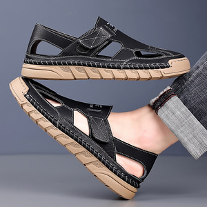 Sandales plates en cuir véritable pour hommes, à bout ouvert, antidérapantes, décontractées, pour la plage, pour l'été, pour l'extérieur - Product Image 3