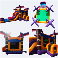 Château gonflable tropical combiné palmier avec toboggan aquatique humide et sec pour enfants, idéal pour les fêtes d'anniversaire en extérieur, les jardins et les pelouses, parfait pour la location et le divertissement.
