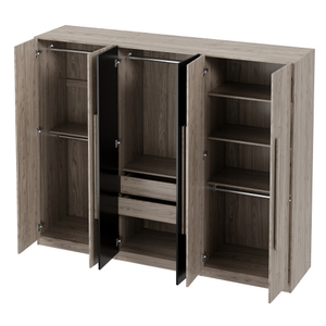 <b>6</b>-Doors Solid Wood Modern Wardrobe Storage for Bedroom with 2 3 <b>Drawers</b> Inside Black+Nature - Product Image 6