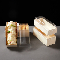 Boîte d'emballage carrée en bois avec couvercle transparent, livrée plate, idéale pour emballer gâteaux, salades, biscuits, sandwichs