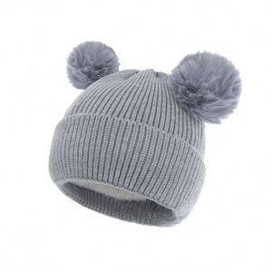 Children Warm Knitted Beanie <b>Hat</b> with 2 Pom Pom <b>Winter</b> for Kids and Baby 3D Embroidery Image Style 100% Acrylic Business Use - Product Image 2