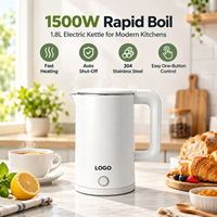 Bouilloire Électrique Portable en Acier Inoxydable Double Couche à Chauffage Rapide 1500W, Arrêt Automatique, 1.8L-2L, Usage Domestique, Vente en Gros