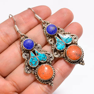 Pendientes de GEMA de lapislázuli de Coral turquesa Natural, pendientes hechos a mano de Nepali de plata tibetana, joyería fina - Product Image 2
