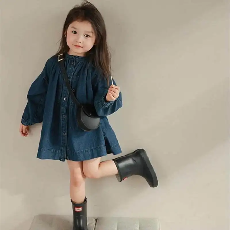 Mode Koreaanse Stijl Lente Herfst Kinderen Kleding Effen Kleur Denim Katoenen Prinses Meisjes Jurk