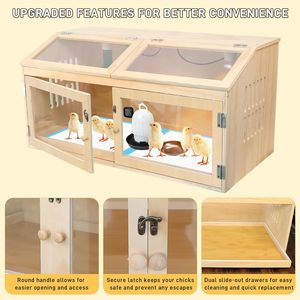 Große Hühneraufzuchtbox aus Holz mit Schiebefach, 32 Zoll breit, Heizlampe, Thermometer, vollständig zu öffnende Ober- und Vordertür, Acryl-Sichtfenster - Product Image 4
