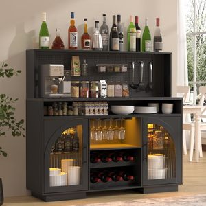 Armoire à bar SENYU avec porte en verre cintrée, porte-bouteilles et étagères réglables, éclairage LED à intensité variable - Product Image 1