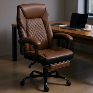 Silla Ejecutiva de Oficina en Cuero PU Marrón, Respaldo Alto, Brazos Ajustables, Ruedas Giratorias, Reposapiés, Diseño Contemporáneo - Product Image 2