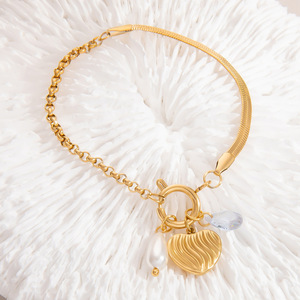 Pulsera de Perlas de Acero Inoxidable con Colgante de Circonia Cúbica en Forma de Corazón, Chapado en Oro de 18K, Joyería de Regalo - Product Image 4