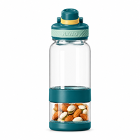 Bouteille d'eau de 21 oz avec compartiment de rangement pour collations de 7 oz et couvercle rabattable, bouteille de boisson en Tritan avec poignée pour les trajets quotidiens et l'entraînement, vente en gros