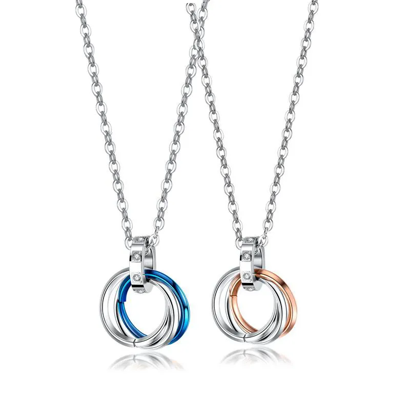 2019 in acciaio inox Cubic Zirconia collana per gli uomini donne tre-anello ciondolo coppia titanio acciaio catena collane gioielli