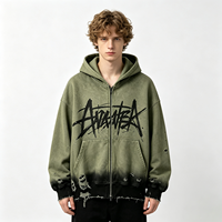 Hoodie Zip Up Streetwear Dirty Spray Pria, Jaket Katun Tebal dengan Cetakan Grafiti Distressed, Oversized, Acid Wash, Grosir