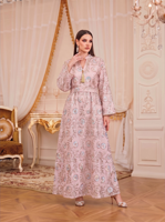Élégante Robe Longue Maxi Musulmane Brodée de Paillettes Florales, Col Montant, Ceinture à Pompons, Manches Longues, Longueur Cheville, Idéale pour les Fêtes