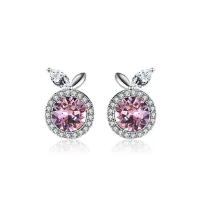 RINNTIN SWE09 925纯银邮政圆形粉色水晶钻石耳钉女性耳环