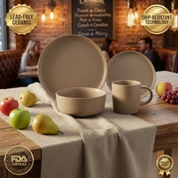 Service de table en grès marron classique de luxe, 16 pièces, pour usage domestique en Europe, comprenant assiettes, bols, tasses - Compatible micro-ondes, lave-vaisselle, four
