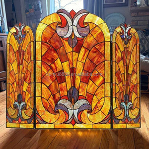 Écran de cheminée en vitrail, 3 panneaux, motif floral, décoration traditionnelle, couleur bleue, forme rectangulaire, décoration artistique, 100*70CM - Product Image 2