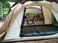Carpa de camping familiar impermeable OEM personalizada, tipo túnel, grande para 3-4 personas, con vestíbulo, ventilación de malla y resistente al moho.