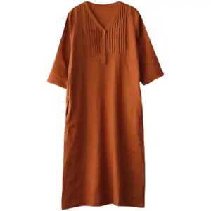 Abiti da camicia da donna Casual di alta qualità con tasche eleganti a pieghe midi in lino OEM/ODM di alta qualità