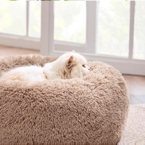Round Fluffy <b>Plush</b> Faux Fur Pet Bed For <b>Cats</b> And Dogs With Integrated Backrest Non Slip Living Room Bedroom Use - Product Image 1
